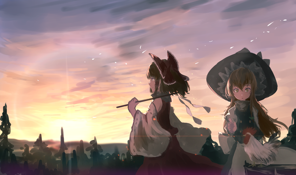 Anime picture 3500x2071 with touhou hakurei reimu kirisame marisa mifuru long hair highres short hair open mouth blonde hair brown hair wide image multiple girls holding brown eyes yellow eyes payot looking away absurdres cloud (clouds) ponytail