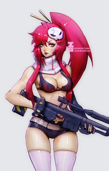 Anime picture 542x850 with tengen toppa gurren lagann gainax yoko littner paul (shiramune) single long hair tall image looking at viewer fringe breasts light erotic simple background standing yellow eyes pink hair ponytail lips realistic girl thighhighs