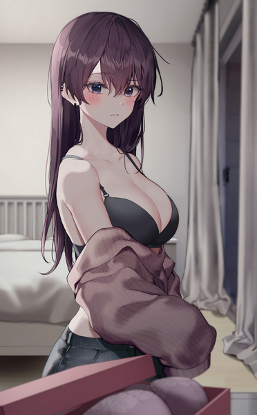 Anime picture 2617x4223 with original luxiel single long hair tall image looking at viewer blush fringe highres breasts blue eyes light erotic hair between eyes large breasts purple eyes bare shoulders payot cleavage purple hair indoors