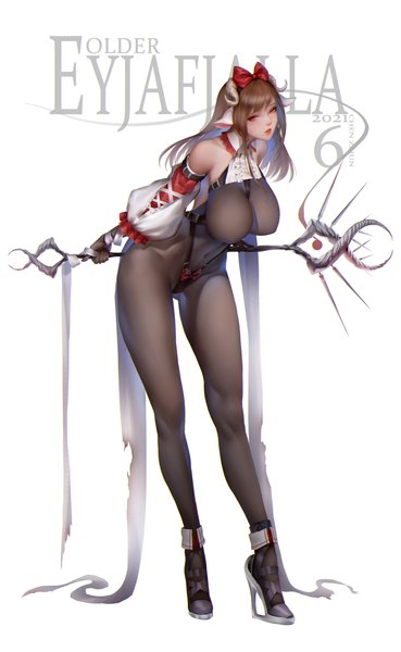 Anime picture 3893x6328 with arknights eyjafjalla (arknights) czj single long hair tall image looking at viewer blush fringe highres breasts light erotic simple background red eyes brown hair standing white background bare shoulders holding signed