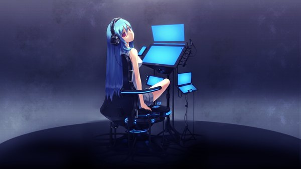 Anime picture 1920x1080 with vocaloid hatsune miku long hair highres red eyes wide image sitting blue hair looking back dark background girl headphones monitor