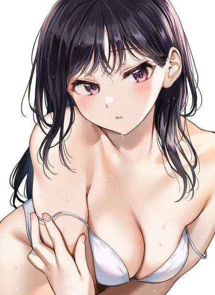 Anime picture 666x912 with original nishizawa single long hair tall image looking at viewer blush fringe light erotic black hair simple background white background upper body head tilt pink eyes wet underwear only strap slip holding arm bra pull