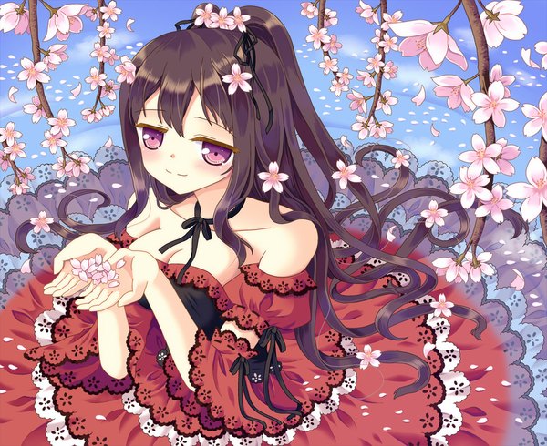 Anime picture 1100x900 with original hazakura satsuki long hair looking at viewer blush smile brown hair sitting bare shoulders cleavage ponytail pink eyes hair flower cherry blossoms spring girl dress hair ornament petals water
