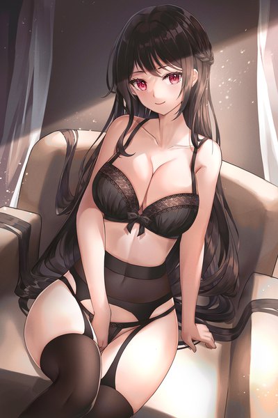 Anime picture 1252x1877 with original lunacle single long hair tall image looking at viewer blush fringe breasts light erotic black hair smile red eyes large breasts sitting payot indoors braid (braids) head tilt sunlight