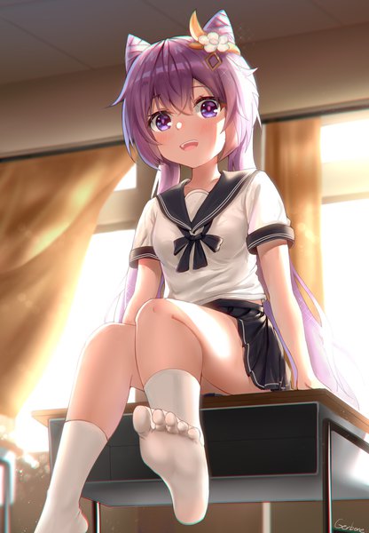 Anime picture 1958x2823 with genshin impact keqing (genshin impact) gerbone23 single long hair tall image looking at viewer blush fringe highres open mouth smile hair between eyes sitting purple eyes twintails signed payot purple hair indoors