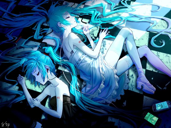 Anime picture 2106x1580 with vocaloid ipod hatsune miku as109 long hair highres twintails lying eyes closed aqua hair checkered floor dual persona checkered background girl thighhighs dress headphones black dress