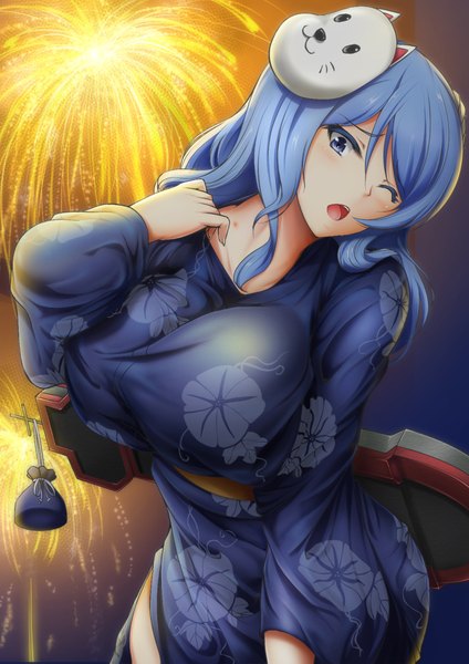Anime picture 834x1179 with kantai collection urakaze destroyer bol (liliymimi) single long hair tall image looking at viewer blush breasts open mouth blue eyes light erotic blue hair traditional clothes japanese clothes one eye closed wink huge breasts official alternate costume mask on head