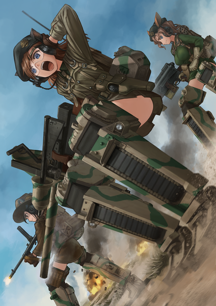 Anime picture 1447x2047 with strike witches lain (rinlain) long hair tall image fringe short hair open mouth blue eyes light erotic black hair brown hair multiple girls animal ears looking away sky bent knee (knees) teeth dutch angle smoke hand on head