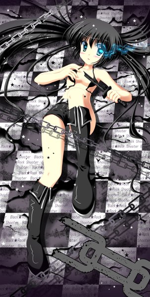 Anime picture 2657x5262 with black rock shooter black rock shooter (character) shirakawako single long hair tall image blush highres blue eyes light erotic black hair twintails absurdres glowing glowing eye (eyes) checkered floor girl weapon sword shorts