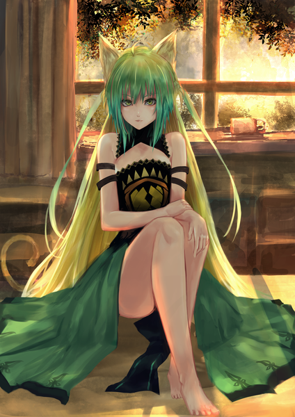Anime picture 1157x1637 with fate (series) fate/grand order atalanta (fate) kaze minoru so-ru single long hair tall image looking at viewer fringe light erotic blonde hair hair between eyes twintails bare shoulders holding green eyes animal ears payot full body ahoge