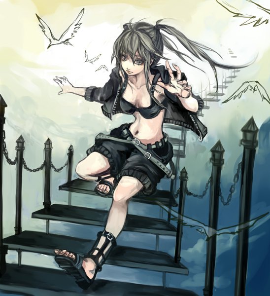 Anime picture 1033x1131 with original oxalicacid (artist) single long hair tall image fringe twintails grey hair open clothes open jacket bare belly midriff grey eyes running girl navel animal jacket shorts belt