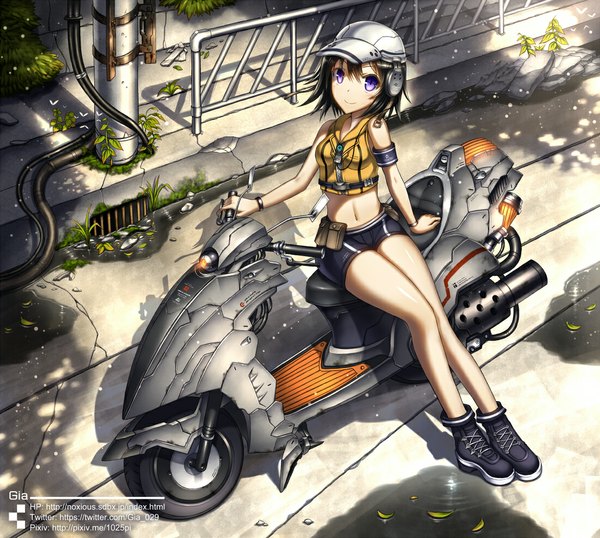 Anime picture 1100x987 with original gia single short hair black hair purple eyes girl navel shoes shorts leaf (leaves) helmet motorcycle motorcycle helmet scooter