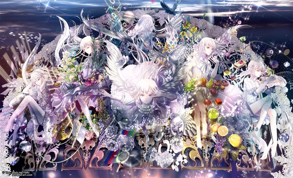 Anime picture 2118x1291 with original yuu (arcadia) long hair looking at viewer highres blue eyes wide image multiple girls looking away white hair braid (braids) dark background 6+ girls 6 girls girl dress flower (flowers) plant (plants) animal wings