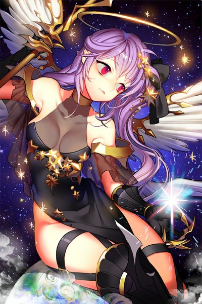 Anime picture 600x899 with original pika (kai9464) single long hair tall image fringe light erotic bare shoulders looking away purple hair pink eyes night night sky white wings girl dress gloves hair ornament bow wings