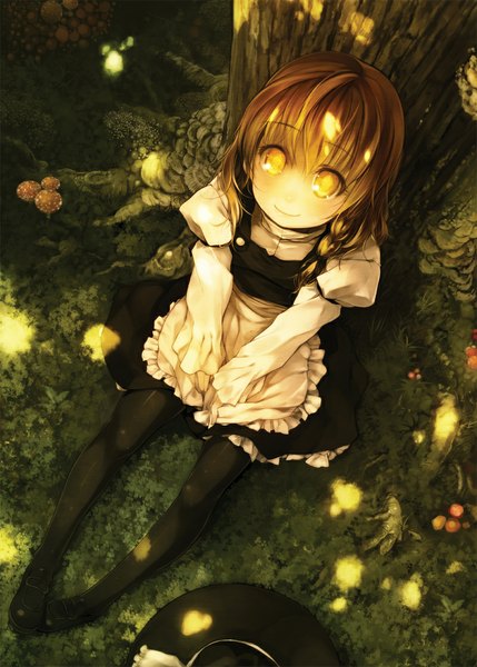 Anime picture 800x1119 with touhou kirisame marisa chinchickrin single tall image blush short hair blonde hair smile yellow eyes from above looking up girl plant (plants) hat pantyhose tree (trees) forest mushroom (mushrooms) fly agaric