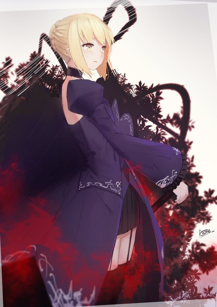 Anime picture 848x1200 with fate (series) fate/grand order artoria pendragon (all) saber alter anone single tall image blush fringe short hair blonde hair standing signed yellow eyes payot looking away blurry wide sleeves zettai ryouiki puffy sleeves