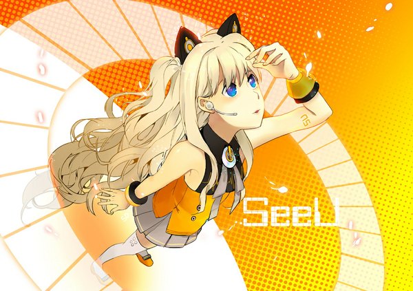Anime picture 1024x723 with vocaloid seeu single long hair blue eyes blonde hair bare shoulders animal ears two side up girl thighhighs white thighhighs bracelet