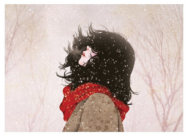 Anime picture 840x612 with original gobugi single long hair blush open mouth black hair outdoors profile border snowing winter close-up pale skin exhalation bare tree hair over eyes girl plant (plants) tree (trees)