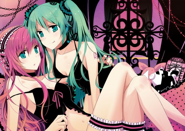 Anime picture 1000x706 with vocaloid magnet (vocaloid) hatsune miku megurine luka isya (artist) long hair light erotic twintails multiple girls green eyes pink hair cleavage green hair midriff girl navel 2 girls hairband chain collar