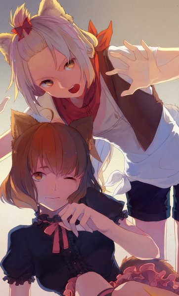Anime picture 1418x2345 with original ovos tall image looking at viewer fringe short hair open mouth brown hair standing multiple girls brown eyes animal ears yellow eyes bent knee (knees) white hair tail eyes closed animal tail one eye closed wink