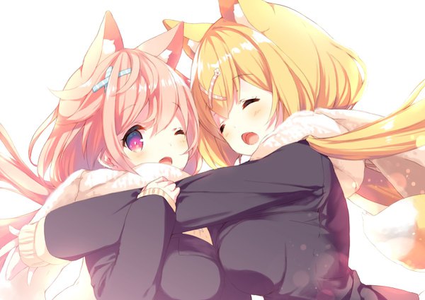 Anime-Bild 1202x850 mit virtual youtuber mofumofu channel amamiya mei amamiya aki p19 long hair looking at viewer blush fringe breasts open mouth simple background blonde hair hair between eyes white background multiple girls animal ears pink hair eyes closed one eye closed