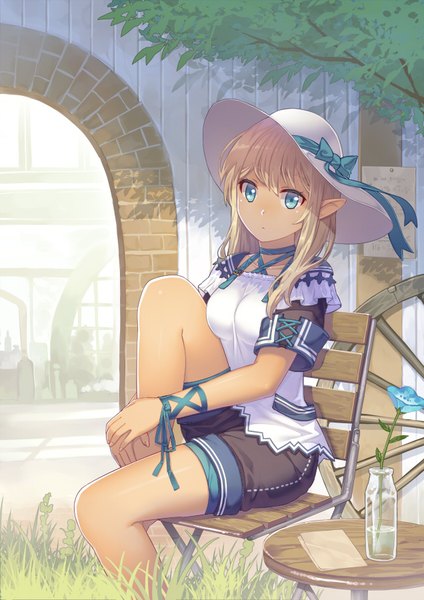 Anime picture 636x900 with original kibanda gohan single long hair tall image looking at viewer fringe breasts blue eyes blonde hair hair between eyes sitting payot bent knee (knees) outdoors parted lips pointy ears bare legs :o short sleeves
