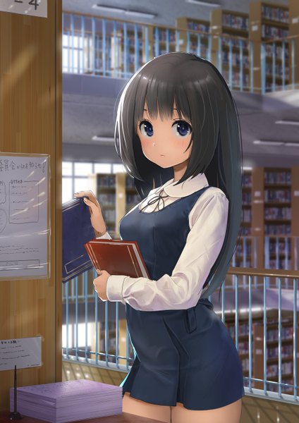 Anime picture 1000x1414 with original tshangen131 single long hair tall image looking at viewer blush fringe blue eyes black hair standing holding indoors arm up girl shirt window white shirt book (books) table