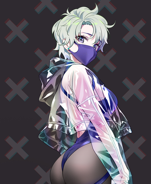 Anime picture 700x853 with original yd (orange maru) single tall image looking at viewer fringe short hair breasts light erotic simple background standing purple eyes upper body ass green hair from behind black background girl earrings pantyhose