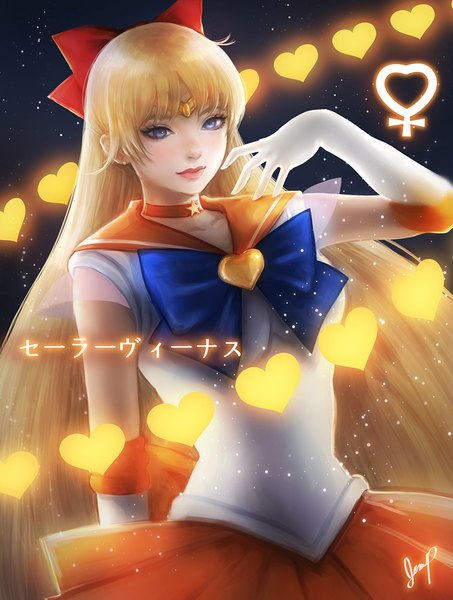 Anime picture 680x900 with bishoujo senshi sailor moon toei animation aino minako sailor venus xhilia7 single long hair tall image looking at viewer blush fringe blue eyes blonde hair signed looking away lips sailor collar magical girl girl gloves