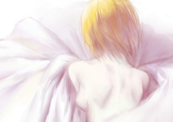 Anime picture 1000x707 with original 569 (artist) single short hair breasts light erotic white background from behind orange hair back girl