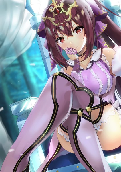 Anime picture 1448x2048 with fate (series) fate/grand order scathach (fate) (all) scathach skadi (fate) fou (ssqseeker) single long hair tall image looking at viewer blush fringe breasts light erotic smile hair between eyes red eyes sitting bare shoulders payot purple hair