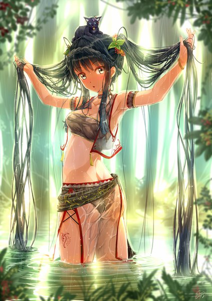 Anime-Bild 1446x2046 mit original kazeno single tall image looking at viewer fringe breasts open mouth light erotic black hair standing twintails signed payot cleavage outdoors ass braid (braids) very long hair from behind