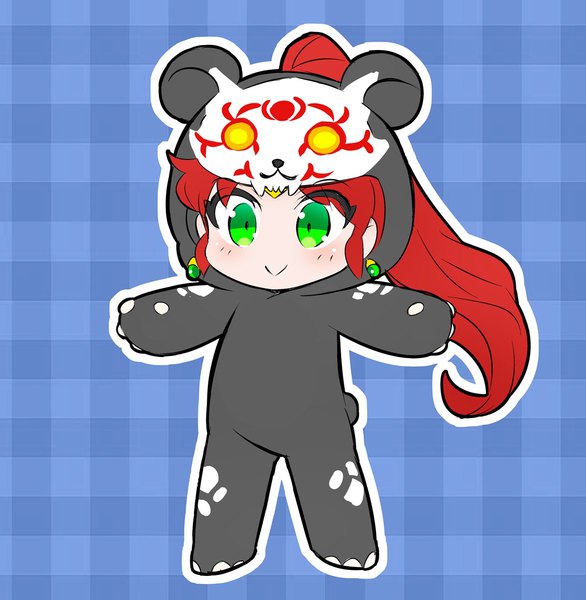 Anime picture 1173x1200 with rwby rooster teeth pyrrha nikos grimm iesupa single long hair tall image simple background smile green eyes ponytail red hair blue background chibi plaid outline :> plaid background girl