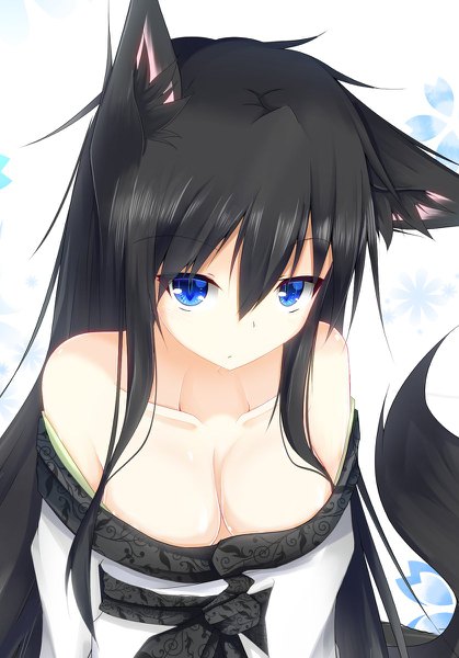 Anime picture 838x1200 with original masa000010 long hair tall image looking at viewer fringe breasts blue eyes light erotic black hair hair between eyes bare shoulders payot cleavage tail animal tail fox girl animal eyes girl
