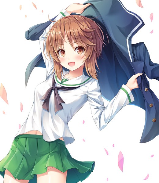 Anime picture 1040x1200 with girls und panzer nishizumi miho akashio (loli ace) single tall image looking at viewer blush short hair open mouth simple background brown hair white background brown eyes ahoge :d wind girl uniform petals serafuku