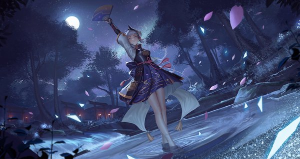 Anime picture 4096x2177 with genshin impact kamisato ayaka zfivez single long hair highres wide image absurdres silver hair full body outdoors ponytail arm up night partially submerged mask on head girl plant (plants) petals tree (trees)