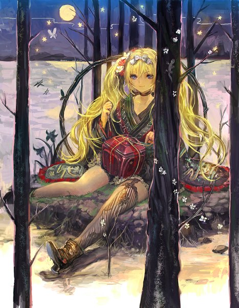 Anime picture 788x1012 with original tomape single long hair tall image looking at viewer blue eyes blonde hair sitting twintails girl thighhighs dress bow plant (plants) hair bow tree (trees) boots single thighhigh