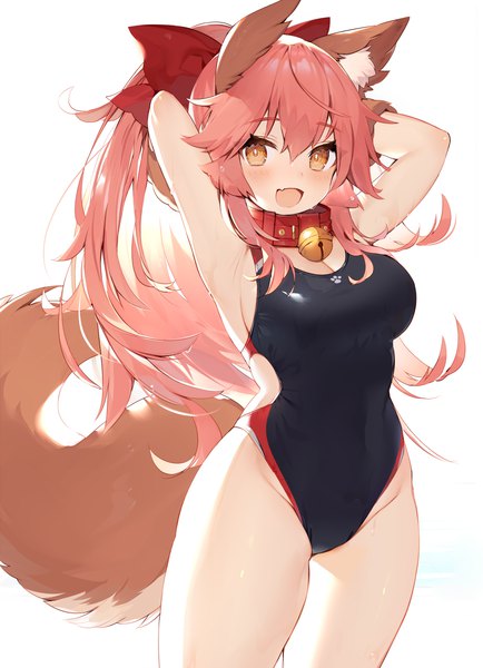 Anime picture 868x1200 with fate (series) fate/grand order tamamo (fate) (all) tamamo cat (fate) muryotaro single long hair tall image looking at viewer blush fringe breasts open mouth light erotic simple background smile hair between eyes standing white background brown eyes