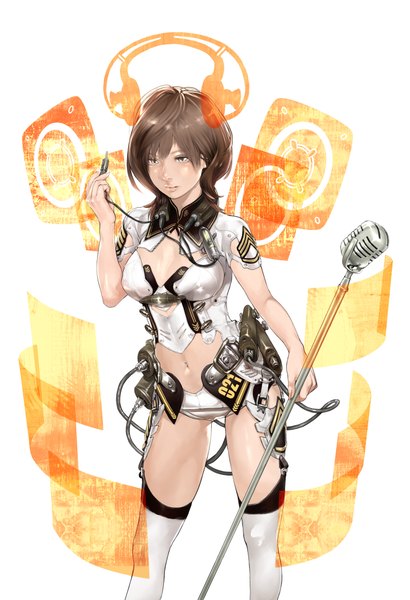 Anime picture 2904x4240 with original sainome (artist) single tall image highres brown hair science fiction girl thighhighs navel headphones wire (wires) microphone stand