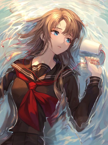 Anime picture 3374x4526 with original daby single long hair tall image blush fringe highres blue eyes brown hair looking away absurdres lying long sleeves parted lips from above on back partially submerged shaded face wet clothes