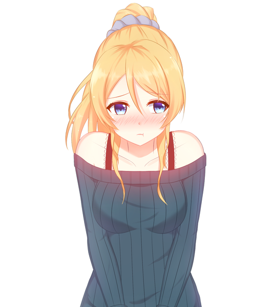 Anime picture 1535x1721 with love live! school idol project sunrise (studio) love live! ayase eli mikhail n single long hair tall image blush blue eyes simple background blonde hair white background bare shoulders looking away ponytail :t girl sweater dress