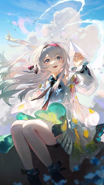 Anime picture 3240x5760 with honkai: star rail honkai (series) firefly (honkai: star rail) rafaelaaa single long hair tall image highres open mouth sitting looking away absurdres sky cloud (clouds) :d wind grey hair multicolored eyes girl animal
