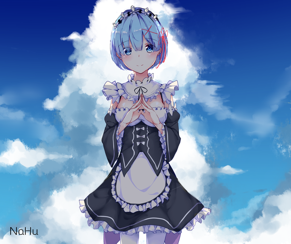 Anime picture 1820x1530 with re:zero kara hajimeru isekai seikatsu white fox rem (re:zero) nahu (pixiv11257940) single looking at viewer blush fringe highres short hair blue eyes hair between eyes standing signed blue hair sky cloud (clouds) light smile maid fingers together