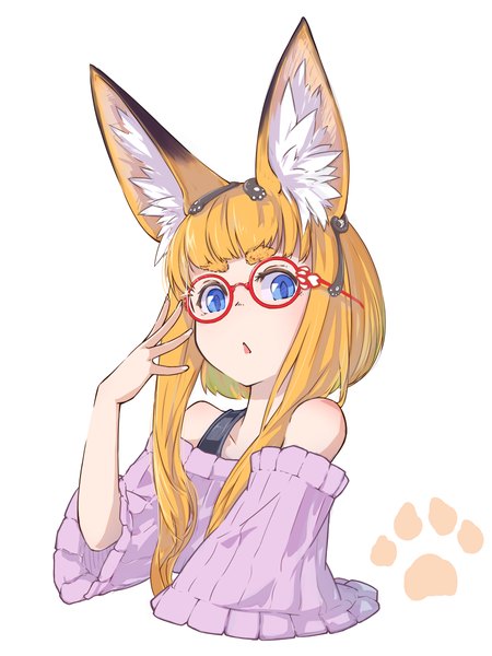 Anime picture 900x1200 with original jaco single tall image looking at viewer fringe short hair blue eyes simple background blonde hair white background bare shoulders animal ears tail parted lips animal tail wide sleeves short sleeves fox ears fox tail