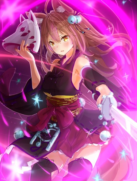 Anime picture 2426x3197 with shironeko project korin (shironeko project) fuku kitsune (fuku fox) single long hair tall image looking at viewer blush fringe highres open mouth hair between eyes brown hair standing holding signed animal ears yellow eyes ahoge tail