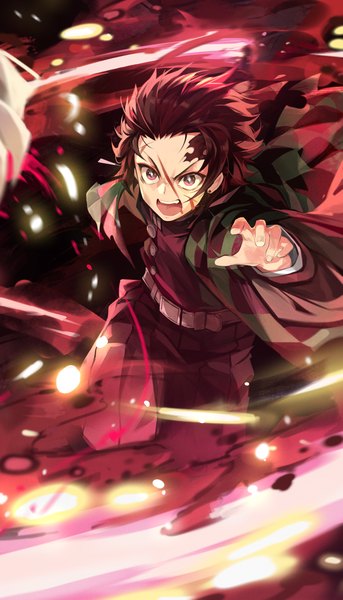 Anime picture 1000x1750 with kimetsu no yaiba ufotable kamado tanjirou goomrrat single tall image short hair open mouth red eyes brown hair traditional clothes japanese clothes scar blood on face screaming boy uniform blood haori scratch
