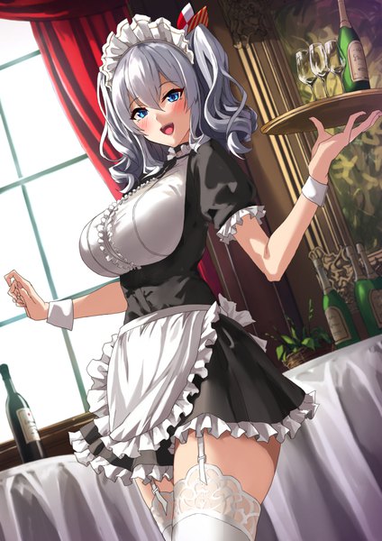 Anime-Bild 744x1052 mit kantai collection kashima training cruiser yashiro (silver will) single long hair tall image looking at viewer blush fringe breasts open mouth blue eyes smile large breasts twintails holding :d arm up grey hair maid