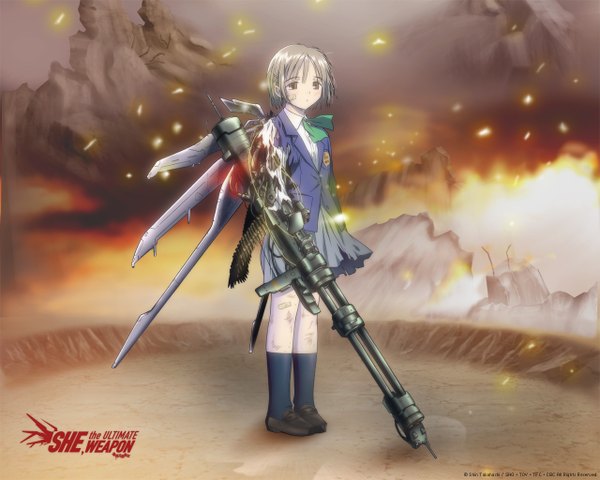Anime picture 1280x1024 with saikano gonzo chise girl uniform school uniform wings gun fire