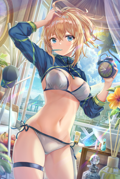 Anime picture 3688x5497 with fate (series) fate/grand order artoria pendragon (all) mysterious heroine xx (foreigner) torino aqua single tall image looking at viewer blush fringe highres short hair breasts blue eyes light erotic blonde hair hair between eyes standing holding absurdres