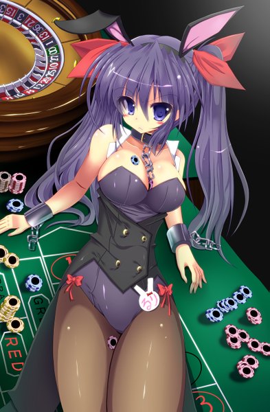 Anime picture 863x1317 with original rankiryuu single long hair tall image blush breasts blue eyes light erotic black hair large breasts twintails animal ears bunny ears casino girl bow hair bow bunnysuit roulette